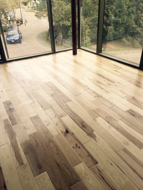 Light plank flooring with dark inlay detail